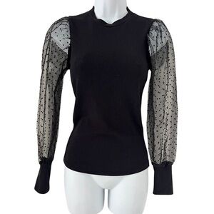 Mi Ami Francesca’s Clip Dot Puff Sheer Long Sleeve Blouse | Black | XS